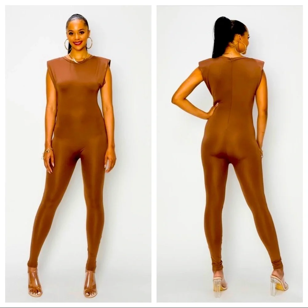 J. ELISE BOUTIQUE FITTED BODYCON COFFEE POWER SHOULDER SLEEVELESS SOLID JUMPSUIT
